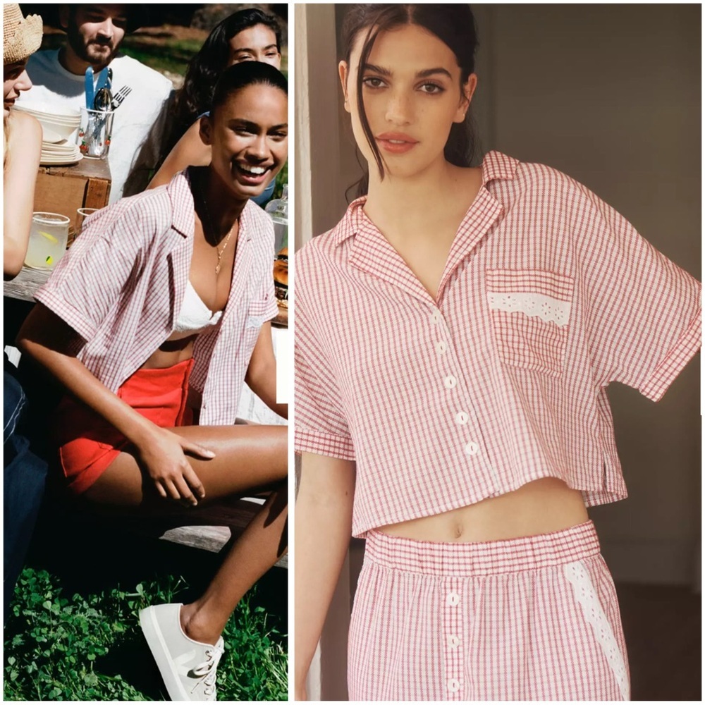 NWT Anthropologie Womens Gingham Boxy PJ Top Size XL Cottagecore Country Prairie